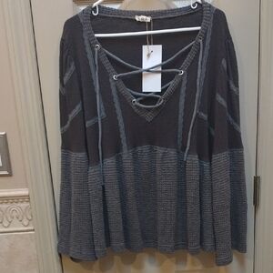 NWT, POL BRAND- Gray Knit Lace-Up Sweater